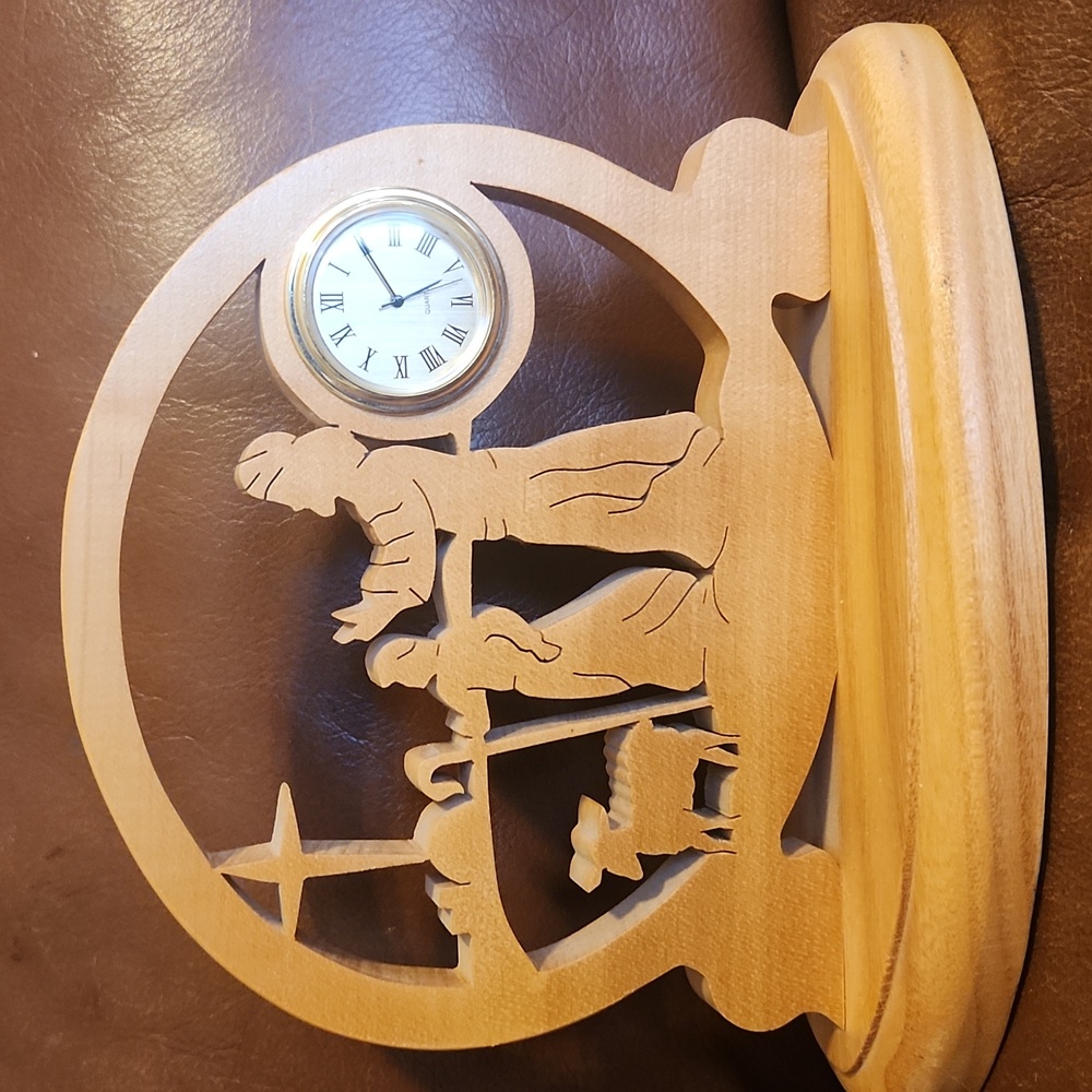 Wooden Christmas scene, custom scroll-saw work, removable clock